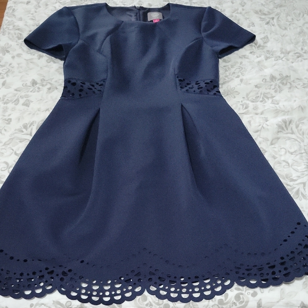 Vince Camuto Blue A-line Midi Dress with Cap Sleeves